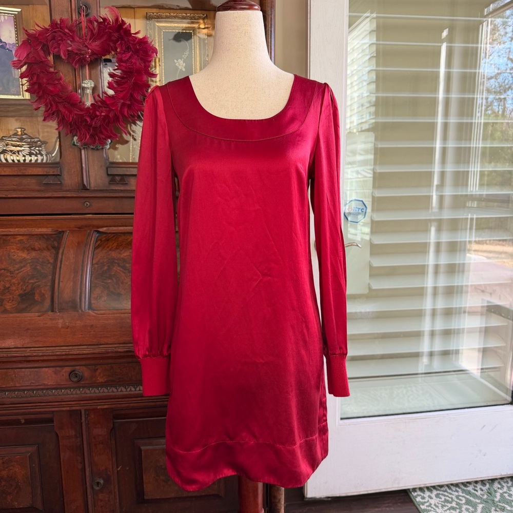 Banana Republic Rich Red Long Sleeve Silk Blend Shift Dress